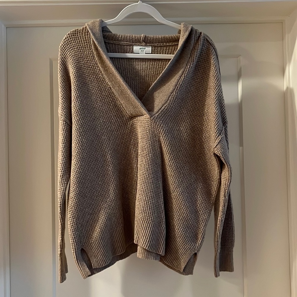 Aerie hooded v neck knit sweater in beige